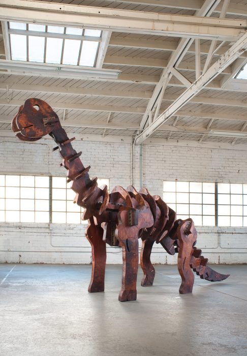Baby Dinosaur (Apatosaurus), 2013
Salvaged old growth redwood and stainless steel
116 x 48 x 202 inches