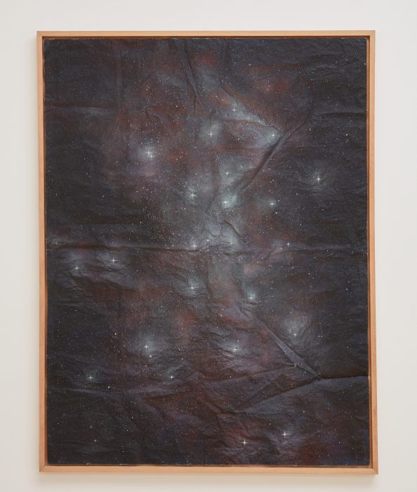 Untitled (Cosmos Tarp #5), 2017
Plastic tarp, fiberglass, epoxy, wood, spray paint and acrylic paint
 63.75 x 48.75 x 1.5 inches