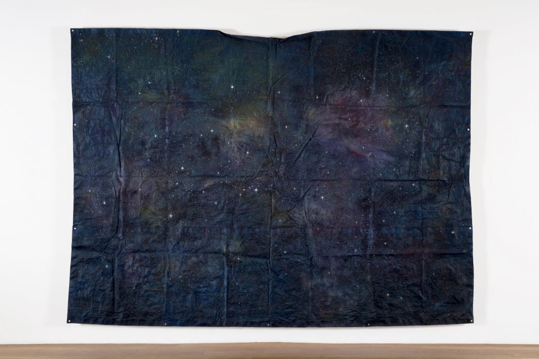 Untitled (Cosmos Tarp), 2014
Painted blue tarp, wood and fiberglass
98 x 136 inches